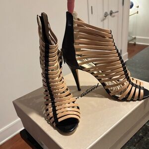 Brian Atwood Strappy Black and Tan Heels
